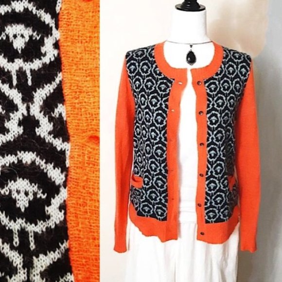 WOOLRICH Wool Mohair Sheep Motif Cardigan Orange Black - Picture 2 of 12